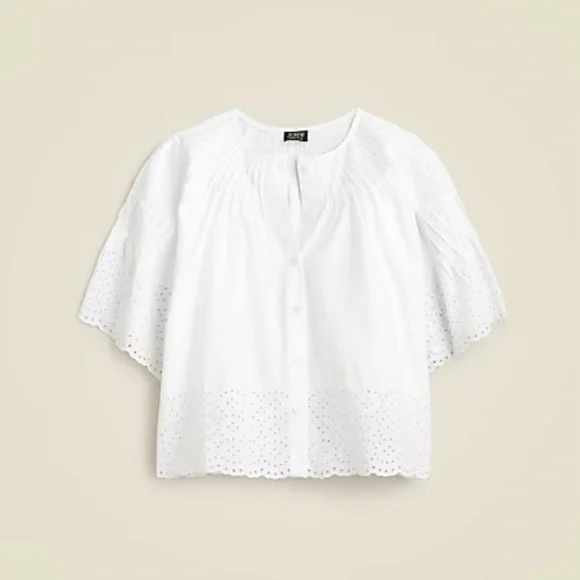 J. Crew Cropped White Eyelet Button-Front Cotton Blouse - Picture 1 of 7
